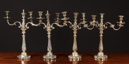 A Set of Four 19th Century Sheffield Plated Three Light Candelabra.