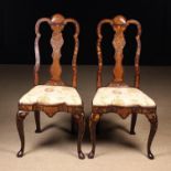 A Pair of Attractive Mid 18th Century Anglo-Dutch Marquetry Side Chairs: The shaped back splats