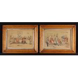 A Pair of Georgian Hand-tinted Caricature Engravings set in moulded birds-eye maple frames with