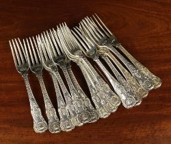 Fourteen George III Double Shell & Laurel Pattern Silver Forks by Paul Storr, 6¾" (17 cm) in length,