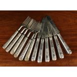 Six 19th Century Double Shell & Laurel Pattern Silver Fruit Knives & Forks engraved with armorial