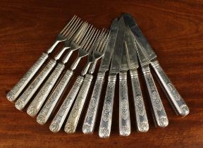 Six 19th Century Double Shell & Laurel Pattern Silver Fruit Knives & Forks engraved with armorial