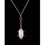 A Charming Edwardian Opal, Yellow Gold and Ruby Pendant on a fine 9Ct Gold Chain.