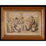 A Georgian Hand-tinted Caricature Engraving set in moulded birds-eye maple frame with gilt slip