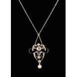 An Impressive Edwardian Diamond and Pearl Pendant on a Silver Necklace (Unmarked).