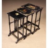 A Victorian Nest of Three Painted & Black Lacquer Tables having rectangular tops on ball-turned