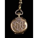 A Pretty 18 Carat Gold (Unmarked) Lady's Lever Fob Watch with a crowned diamond encrusted monogram