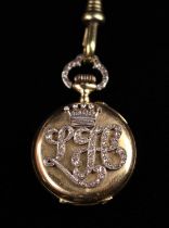 A Pretty 18 Carat Gold (Unmarked) Lady's Lever Fob Watch with a crowned diamond encrusted monogram