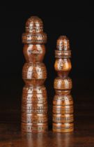 Two Decorative Turned & Chip Carved Peg-doll Skittles of rich colour & patination, 7¾" (19.