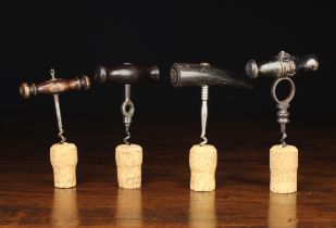 Four Straight-pull Corkscrews: A 'LUND PATENT' stamped corkscrew circa 1870 with turned pestle