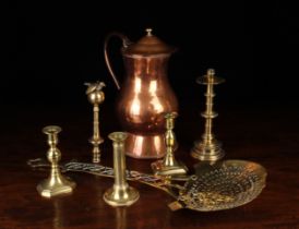 A Group of Antique Copper & Brass ware: A large late 18th century sheet copper baluster jug with
