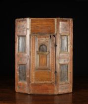 A Small Antique Hanging Alpine Corner Cupboard of stained pine.