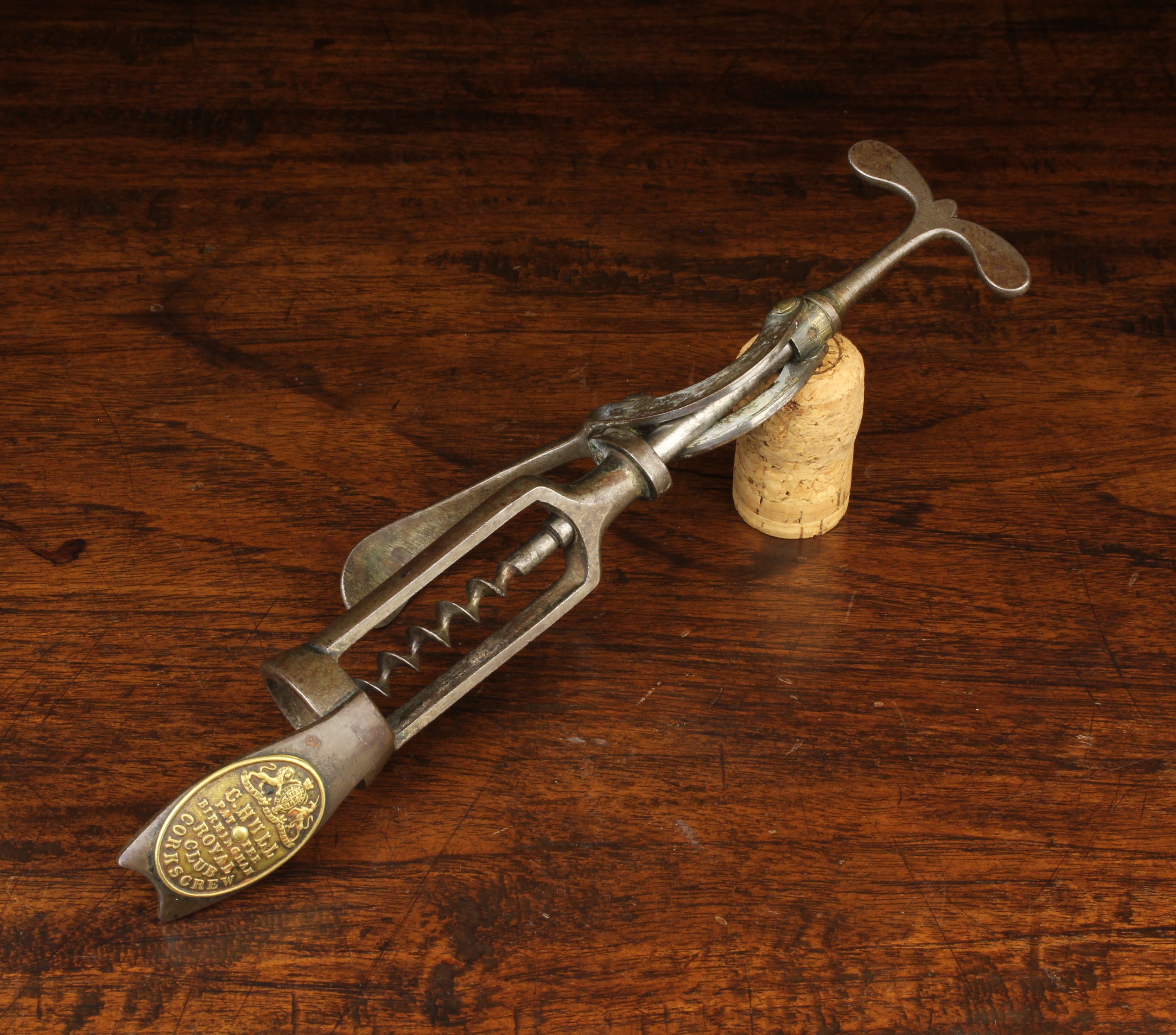 A Chas Hulls Patent Royal Club Single Lever Corkscrew with a brass badge marked "C.