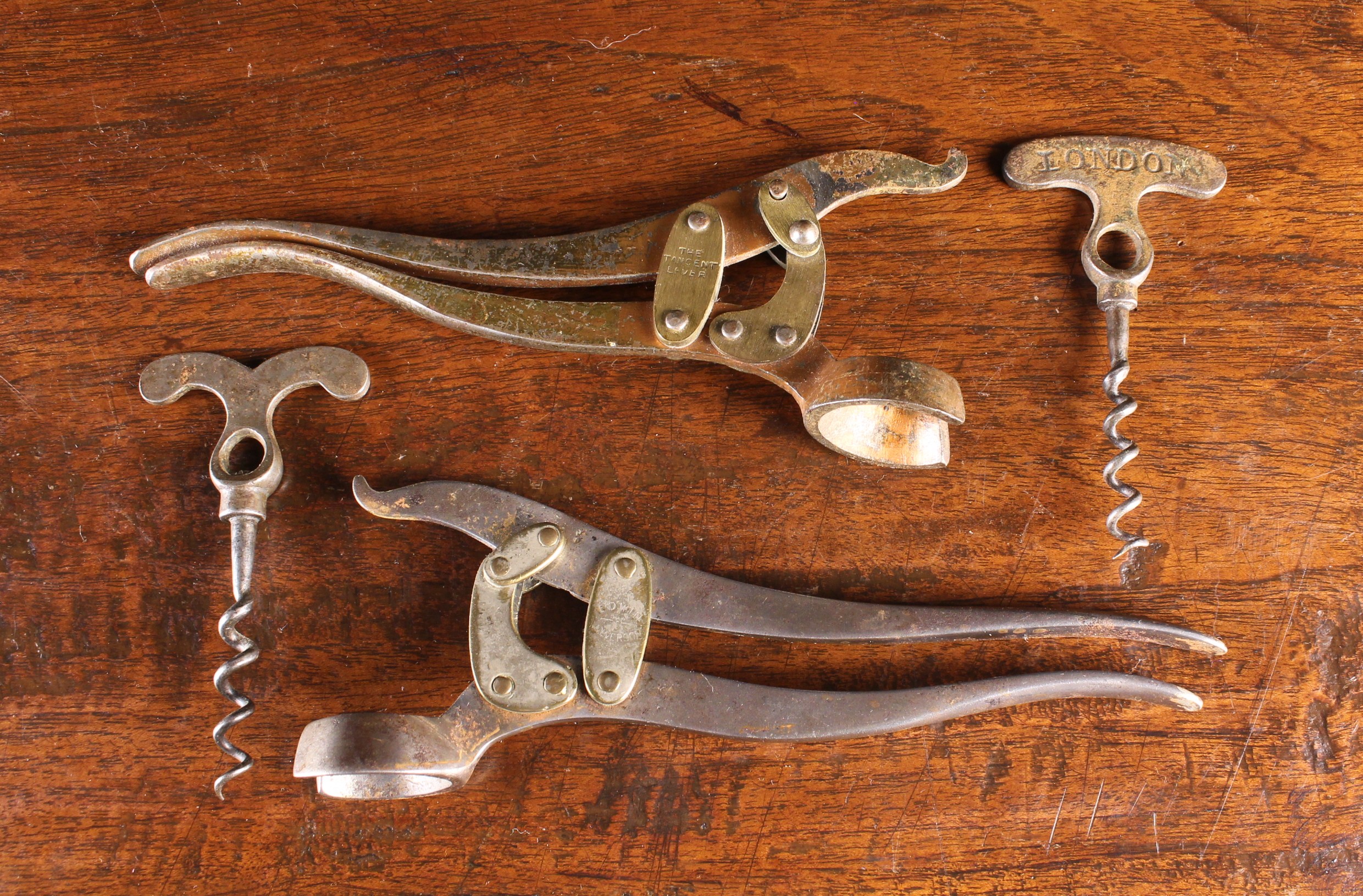 Two Edwin Wolverson Design Two Part Lever Corkscrews: One marked 'THE TANGENT LEVER',