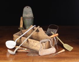 A Group of Miscellaneous Domestic Items in a 19th Century Boarded Oak Tray Box having a central