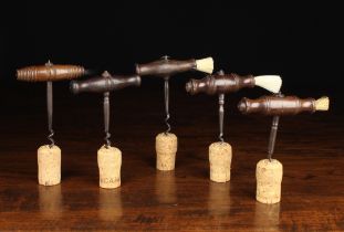 Five 19th Century Straight-pull Corkscrews with turned wooden handles;