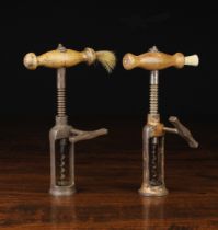 Two Open-framed 'London Rack' Corkscrews; both with turned wooden handles;