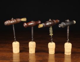 Four 19th Century Straight-pull Corkscrews with turned handles: One having a brush to one end of
