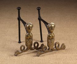 A Pair of Late 17th Century & Later Brass & Iron Fire Dogs.