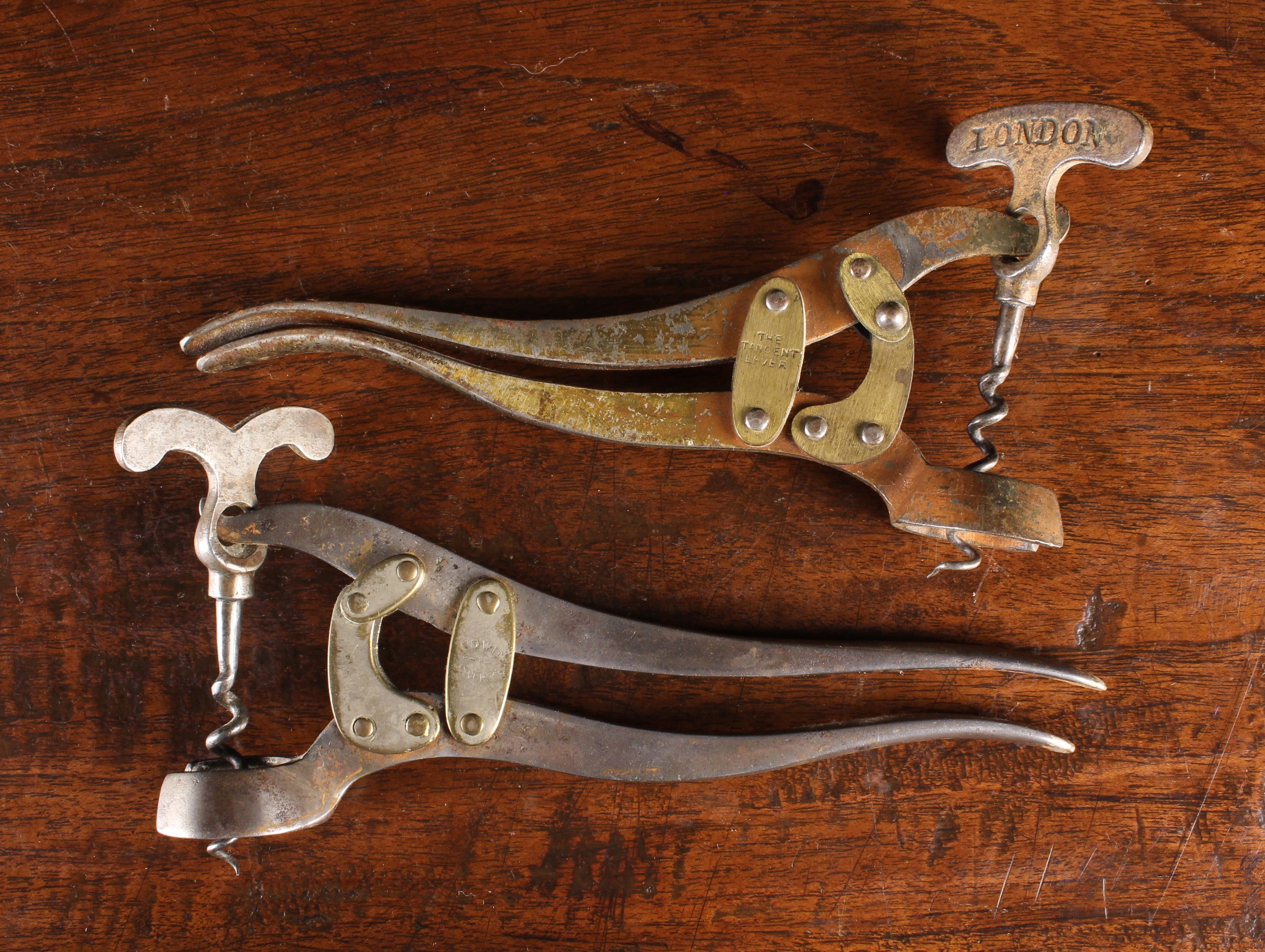 Two Edwin Wolverson Design Two Part Lever Corkscrews: One marked 'THE TANGENT LEVER', - Image 2 of 3