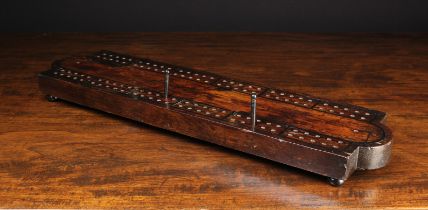 A Large & Chunky 19th Century Yew-wood Cribbage board inlaid with ebony banding and having break