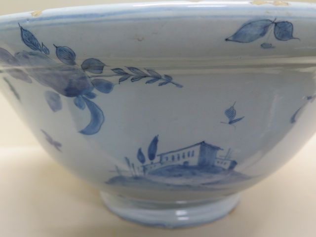 A large Delft blue and white bowl decorated with ships, villas and fruit - Height 20cm x Diameter - Image 6 of 9