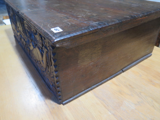 An 18th century oak box with a carved figural and crown front panel - Height 26cm x 79cm x 58cm - Image 4 of 5