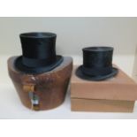 A faux crocodile top hat box with a brushed silk top hat - approx size 7 and another top hat