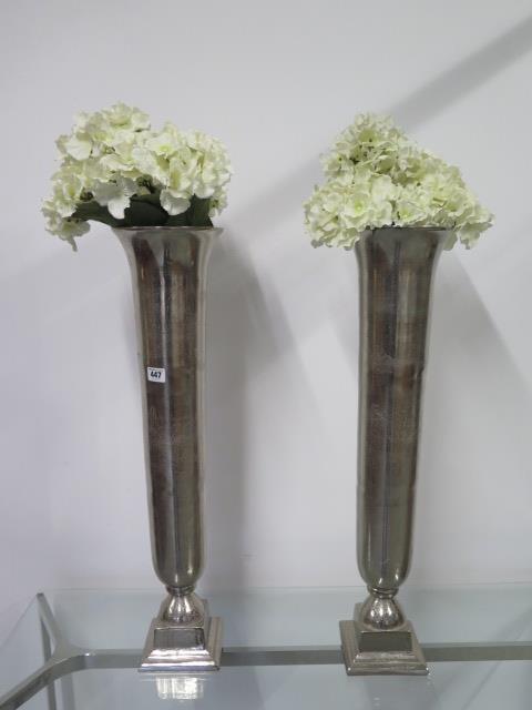 A pair of Libra metallic vases - Height 74cm with foliage