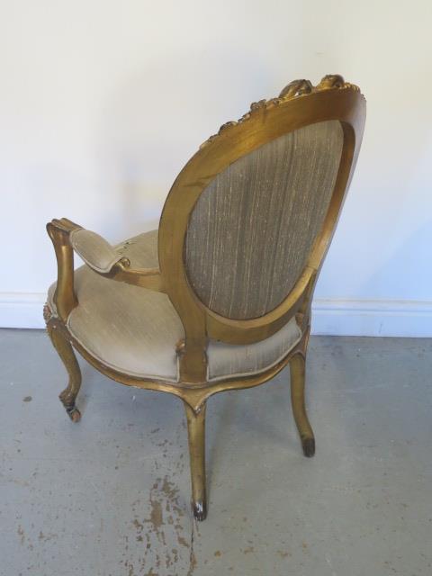 A French style gilt open elbow chair with silk cover - Height 95cm x Width 56cm - Image 2 of 3