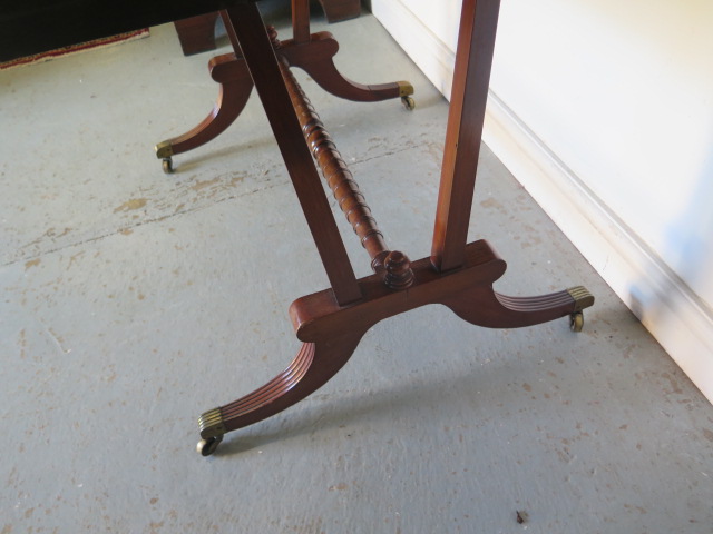 A late 19th century mahogany drop leaf sofa stretcher table with two active and two dummy drawers on - Image 3 of 7