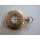 A 9ct yellow gold half hunter pocket watch, top wind, 46mm case, running - approx weight 67 grams,