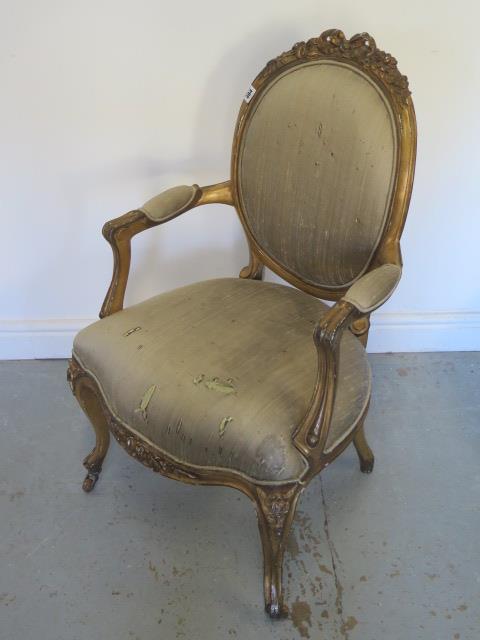 A French style gilt open elbow chair with silk cover - Height 95cm x Width 56cm