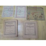 Two needlework sampler books and three unframed needlework samplers one dated 1879 - 20cm x 23cm