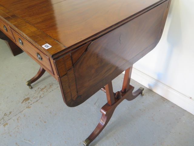 A late 19th century mahogany drop leaf sofa stretcher table with two active and two dummy drawers on - Image 2 of 7