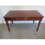 A good Victorian mahogany two drawer library table with a leather inset top on turned legs -