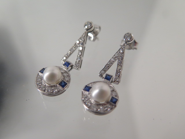 A pair of 18ct white gold Art Deco style pearl, sapphire and diamond drop earrings - approx 31mm x - Image 2 of 3