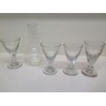 Four 19th century drinking glasses - tallest 15cm and an unusual oil lamp chimney