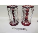 A near pair of ruby flashed glass lustres - missing one lustre, some replacements and chips but main