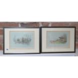 A pair of signed JS Sanderson Wells hunting prints - framed 30cm x 40cm - some fly under glass,