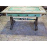A decorated painted two drawer stretcher sofa table on lyre end supports - Height 74cm x 137cm x