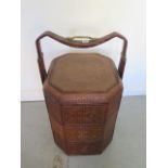 A large Chinese carved bamboo and rattan three section picnic basket - Height 47cm x 48cm -