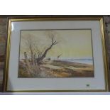 R M Bolton watercolour Thames barge on the shore in a gilt frame, frame size 60cm x 77cmn - good