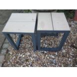 A pair of steel garden patio stools with wood effect poly seats - Height 47cm x 36cm x 36cm