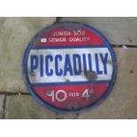 A double sided Picadilly Cigarettes enamel circular sign - Diameter 59cm - some wear and holes