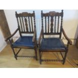 A pair of oak barley twist crown back open armchairs - Height 109cm x Width 57cm