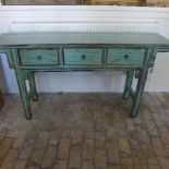 A good quality distressed painted console table with three drawers - Width 162cm x Depth 41cm x