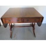 A late 19th century mahogany drop leaf sofa stretcher table with two active and two dummy drawers on