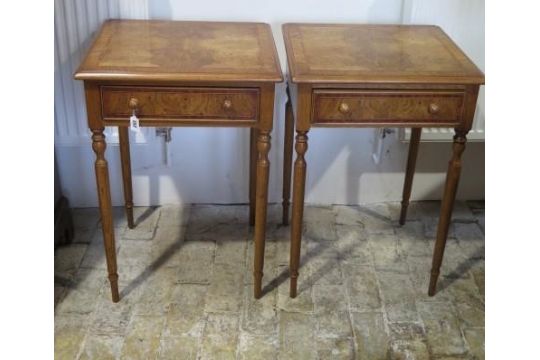 A pair of new burr oak lamp tables with a drawer on turned legs - made by a local craftsman to a - Image 1 of 3