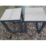 A pair of steel garden patio stools with wood effect poly seats - Height 47cm x 36cm x 36cm